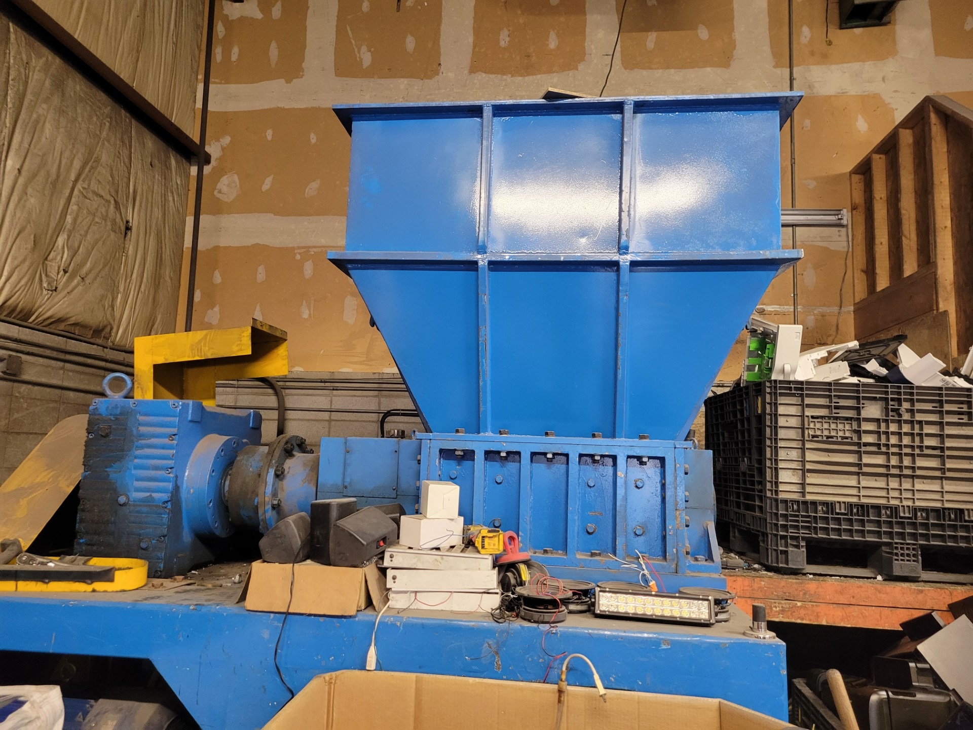 Blue electronics shredder used for end-of-life processing